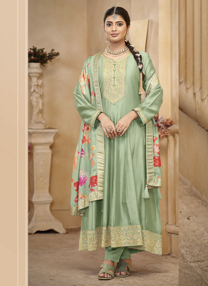 Vegaa Fashion Light Pista Vichitra Silk Embroidered Anarkali Suit | Grocsy