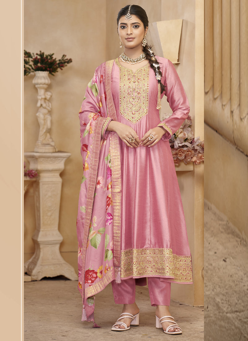 Vegaa Fashion Light Pink Vichitra Silk Embroidered Anarkali Suit | Grocsy