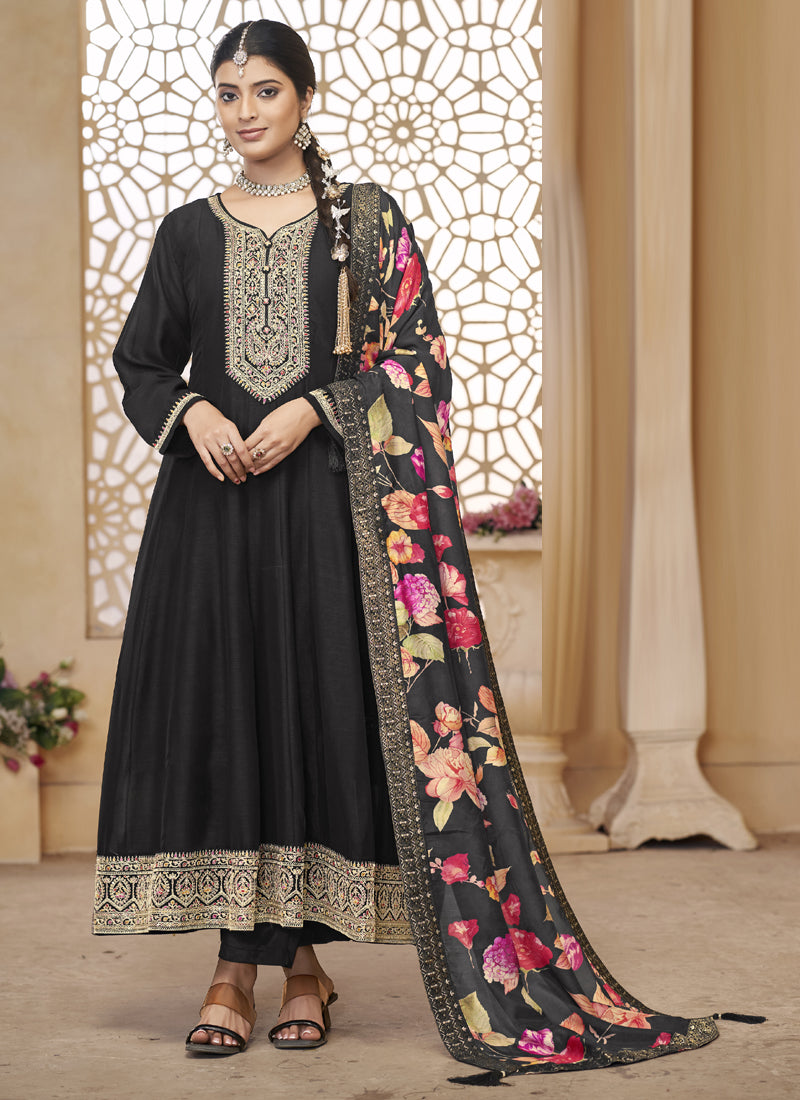Vegaa Fashion Black Vichitra Silk Embroidered Anarkali Suit | Grocsy