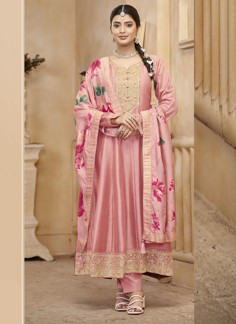 Vegaa Fashion Baby Pink Vichitra Silk Embroidered Anarkali Suit | Grocsy