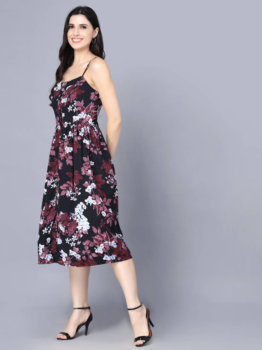 Myshka Multicoloured Floral Organic Cotton Crepe Midi Dress | Grocsy