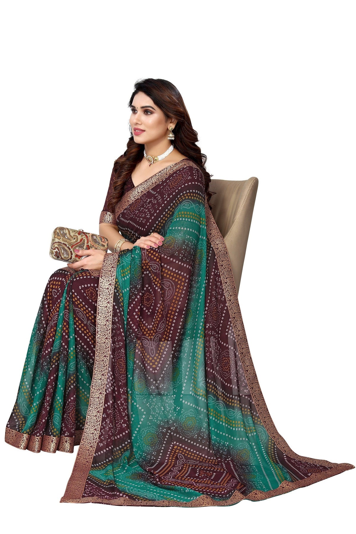 Vamika Brown Georgette Printed With Lace Saree | Grocsy