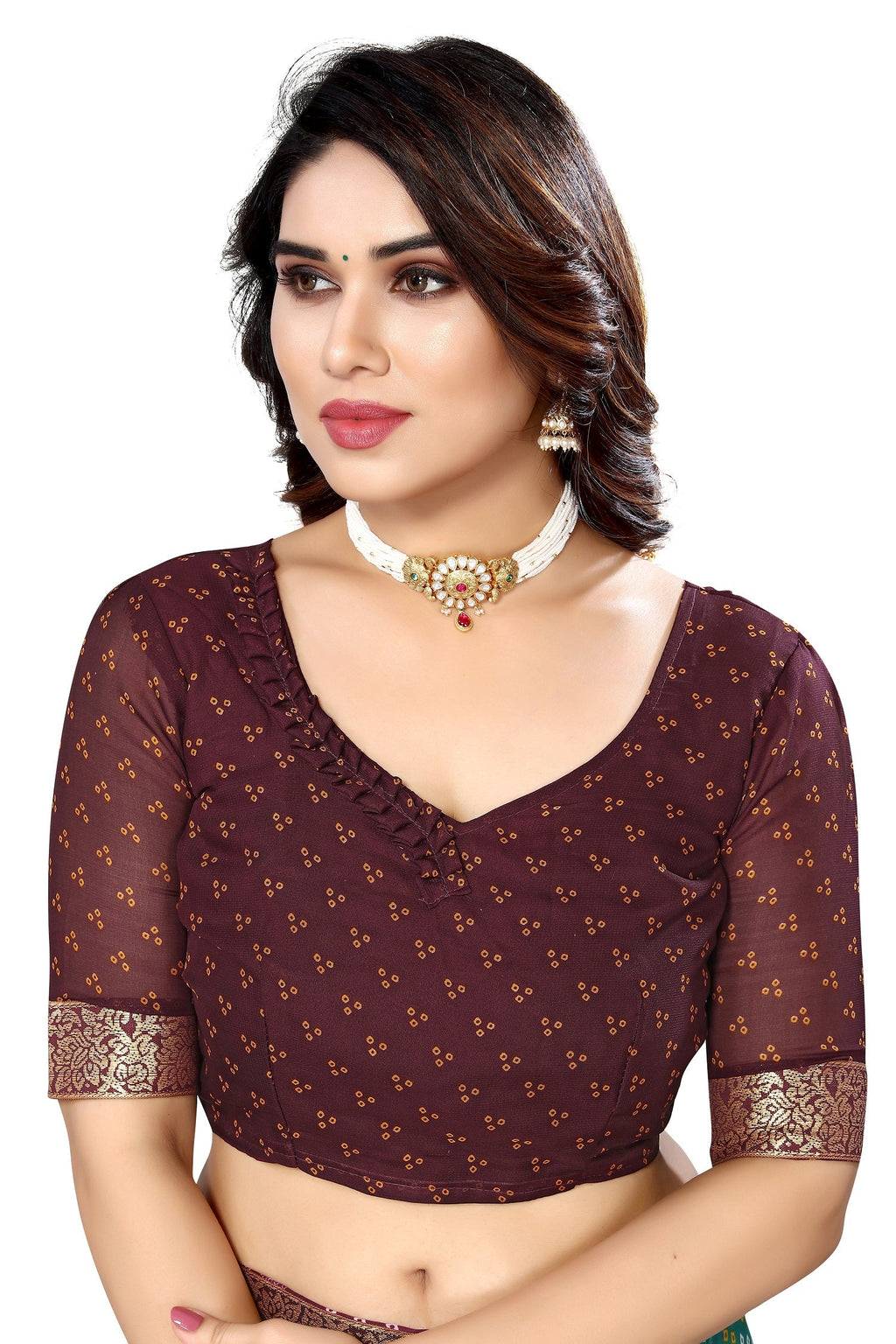 Vamika Brown Georgette Printed With Lace Saree | Grocsy