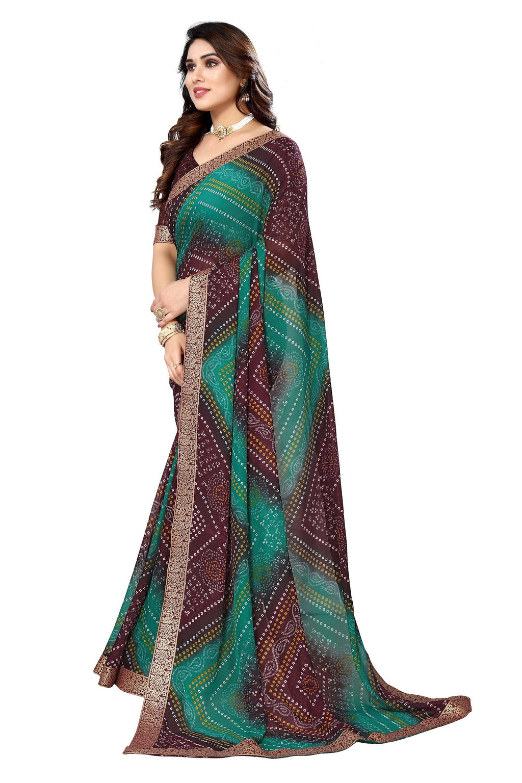 Vamika Brown Georgette Printed With Lace Saree | Grocsy
