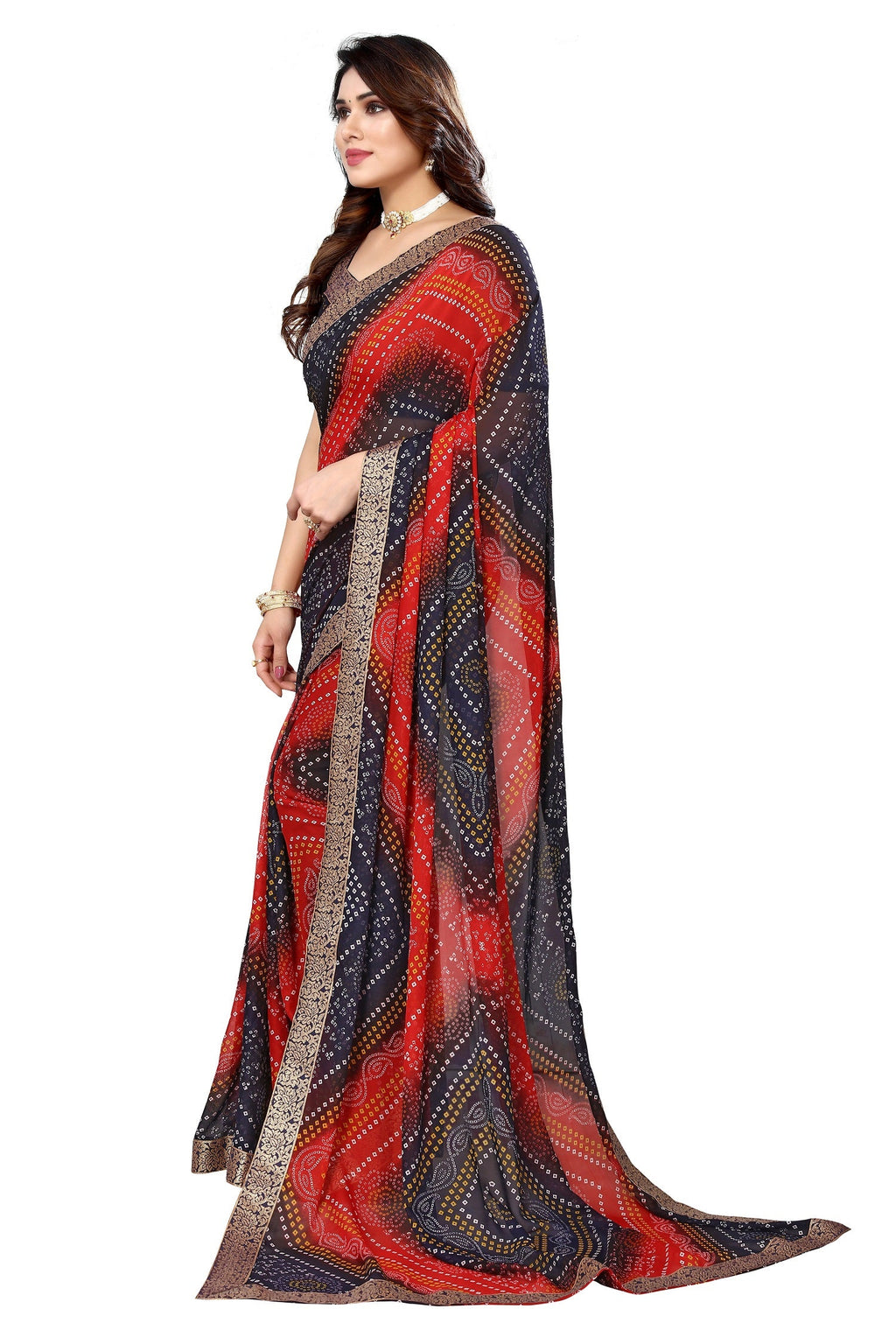 Vamika Navy Georgette Printed With Lace Saree | Grocsy