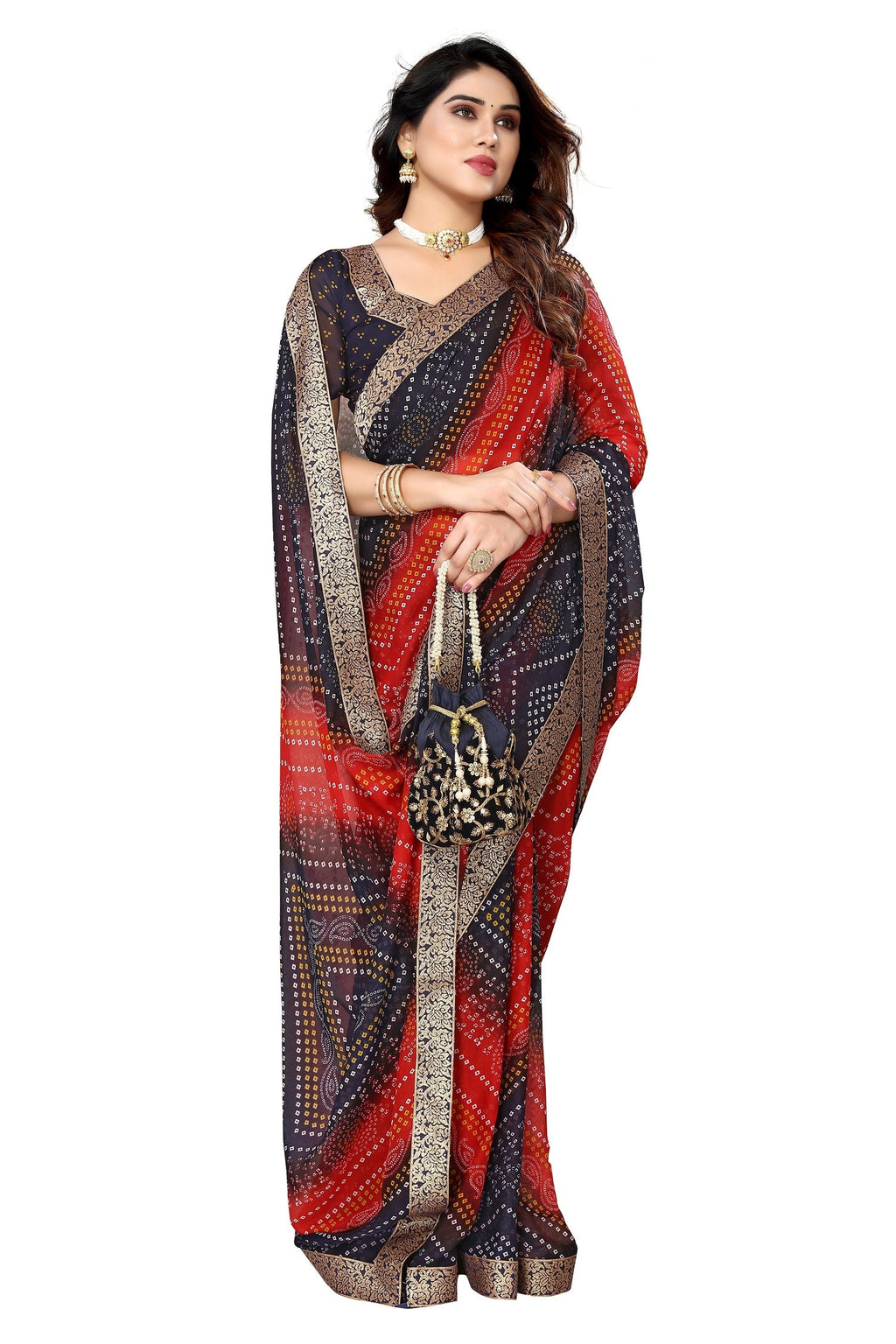 Vamika Navy Georgette Printed With Lace Saree | Grocsy