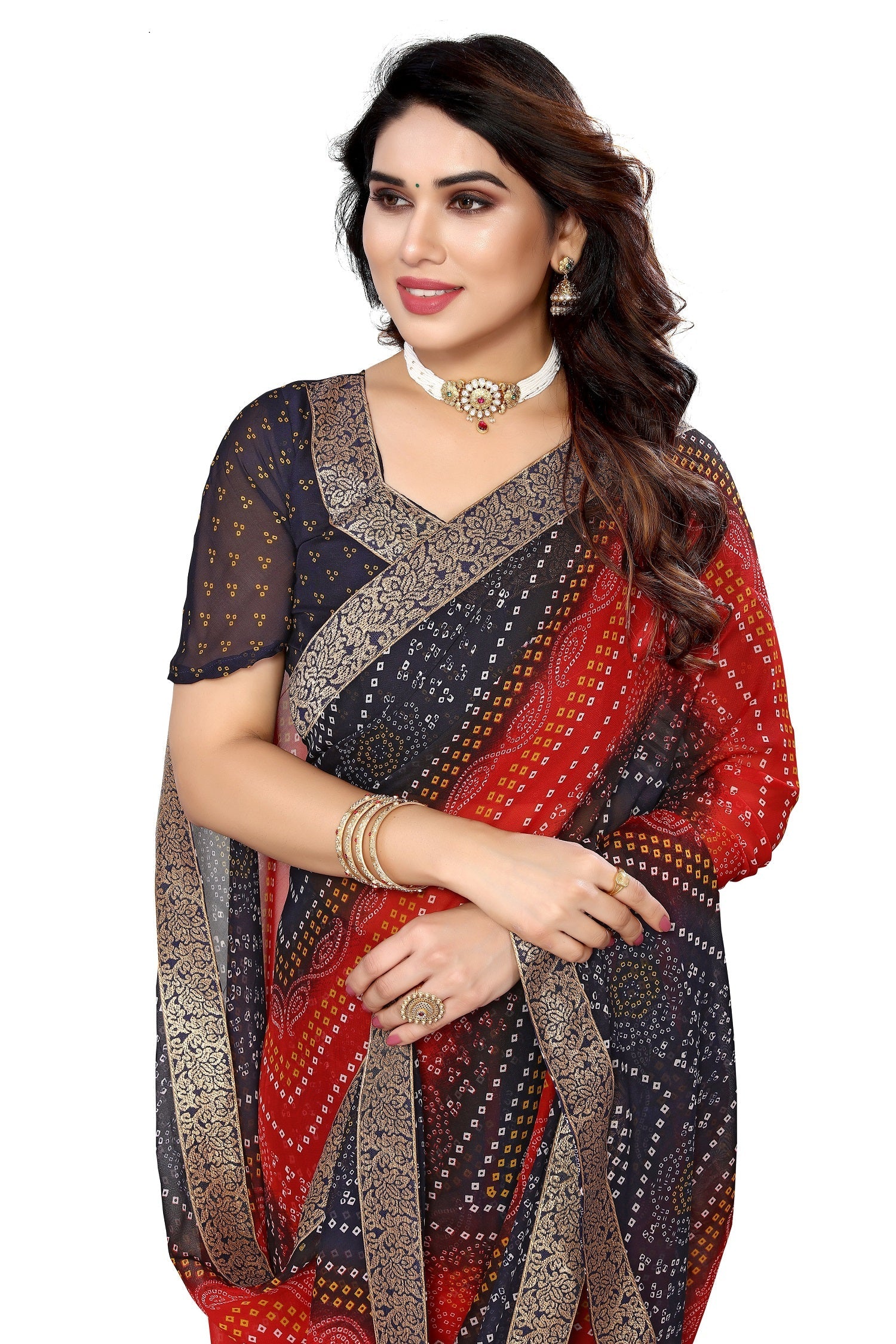 Vamika Navy Georgette Printed With Lace Saree | Grocsy