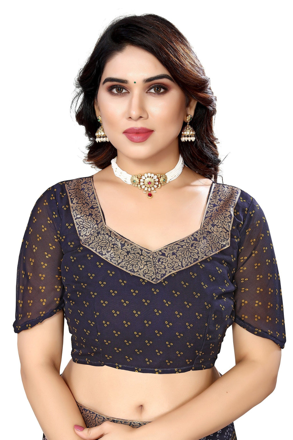 Vamika Navy Georgette Printed With Lace Saree | Grocsy