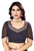Vamika Navy Georgette Printed With Lace Saree | Grocsy