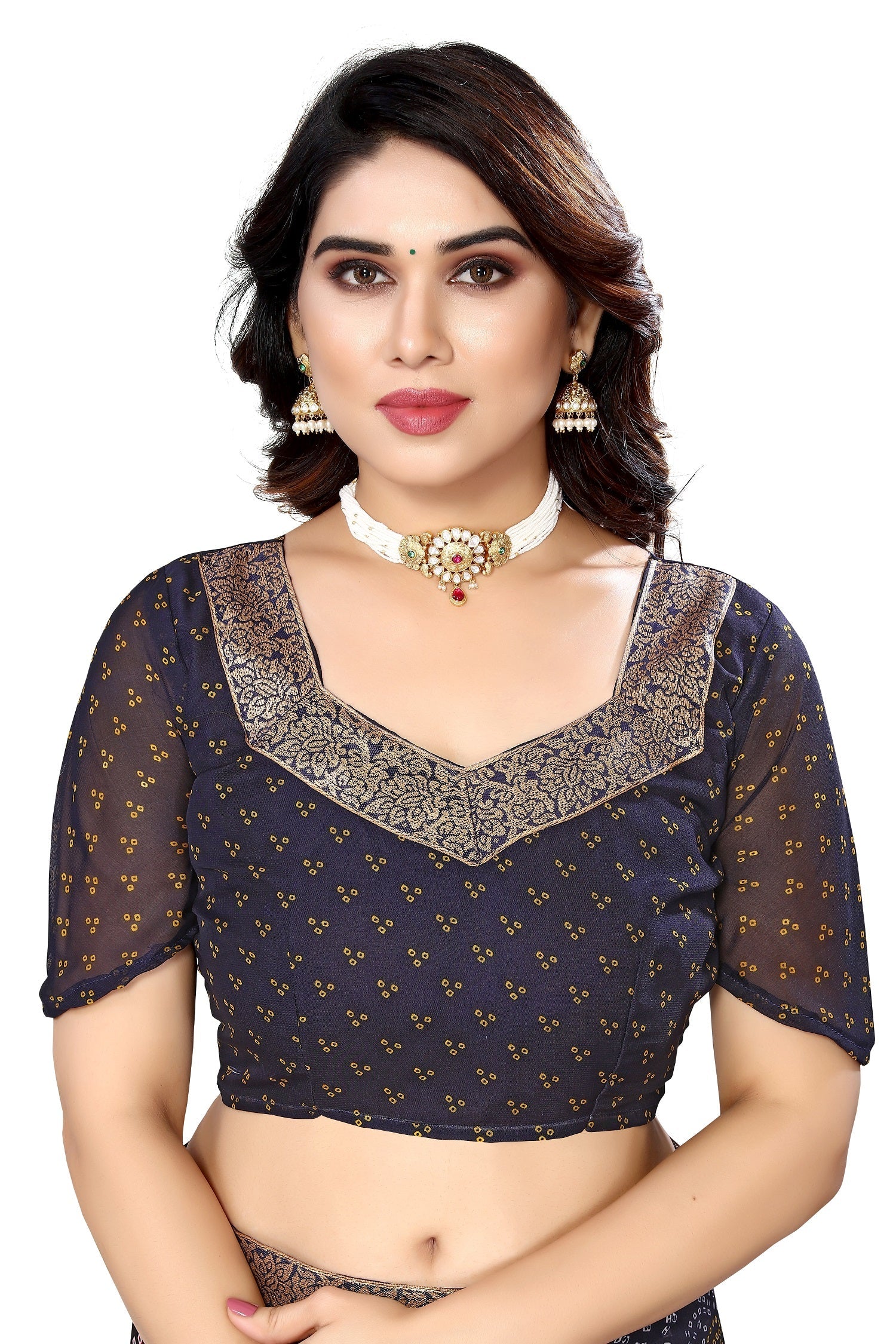 Vamika Navy Georgette Printed With Lace Saree | Grocsy