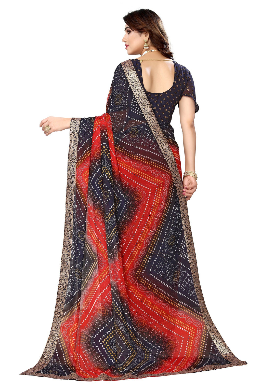 Vamika Navy Georgette Printed With Lace Saree | Grocsy