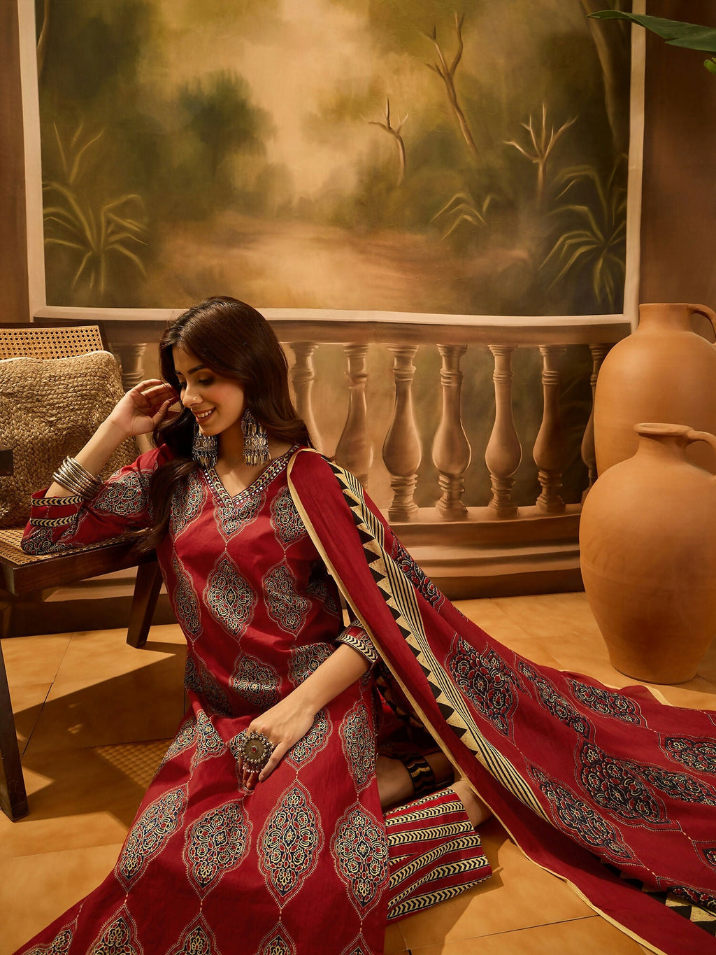 Joban Fashion Printed Maroon Pure Cotton Kurta Set | Grocsy