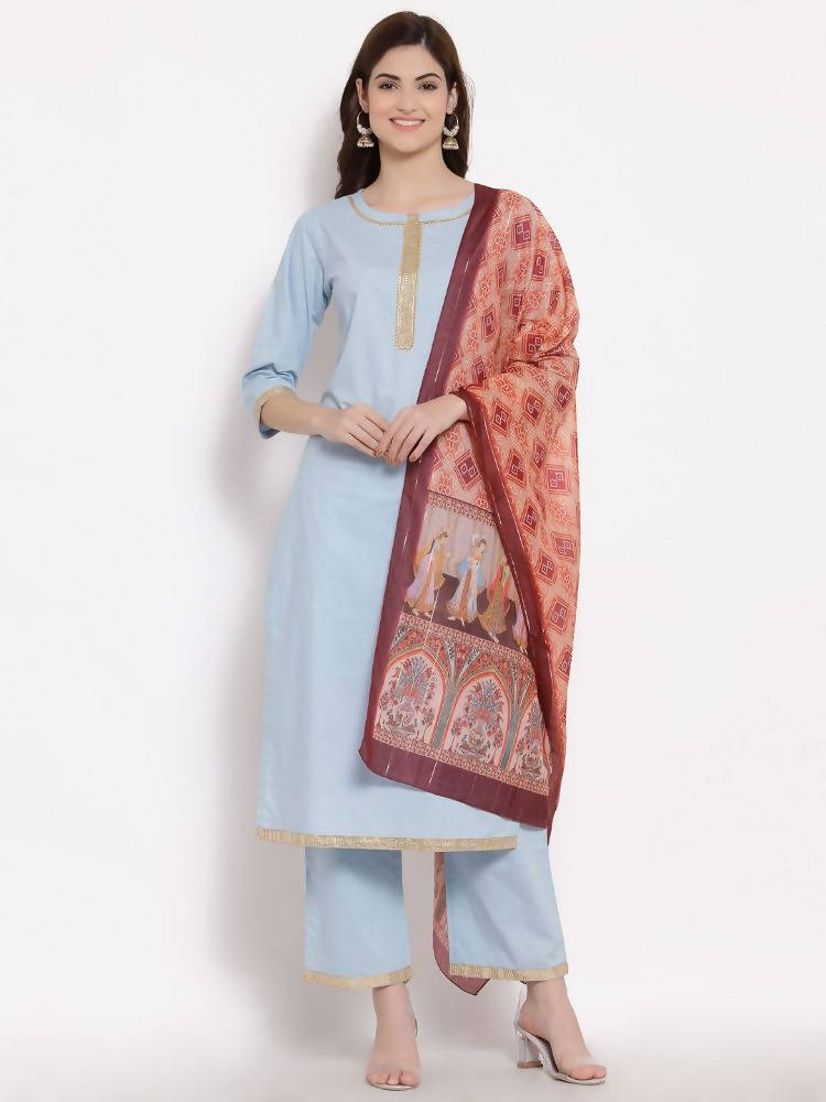 Myshka Women's Blue Cotton 3/4 Sleeve Round Neck Solid Casual Kurta Pant Dupatta Set | Grocsy