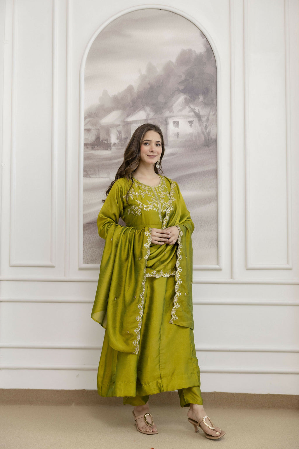 The52 Light Green Women's Beautiful Vichitra Silk Fabric Embroidered Work Flared Anarkali Pant and Dupatta Set | Grocsy