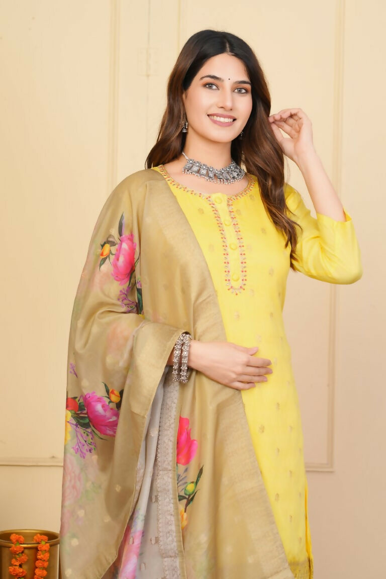 Yellow Viscose Organza Jacquard Embroidered Stitched Suit With Dupatta - Tanisha | Grocsy