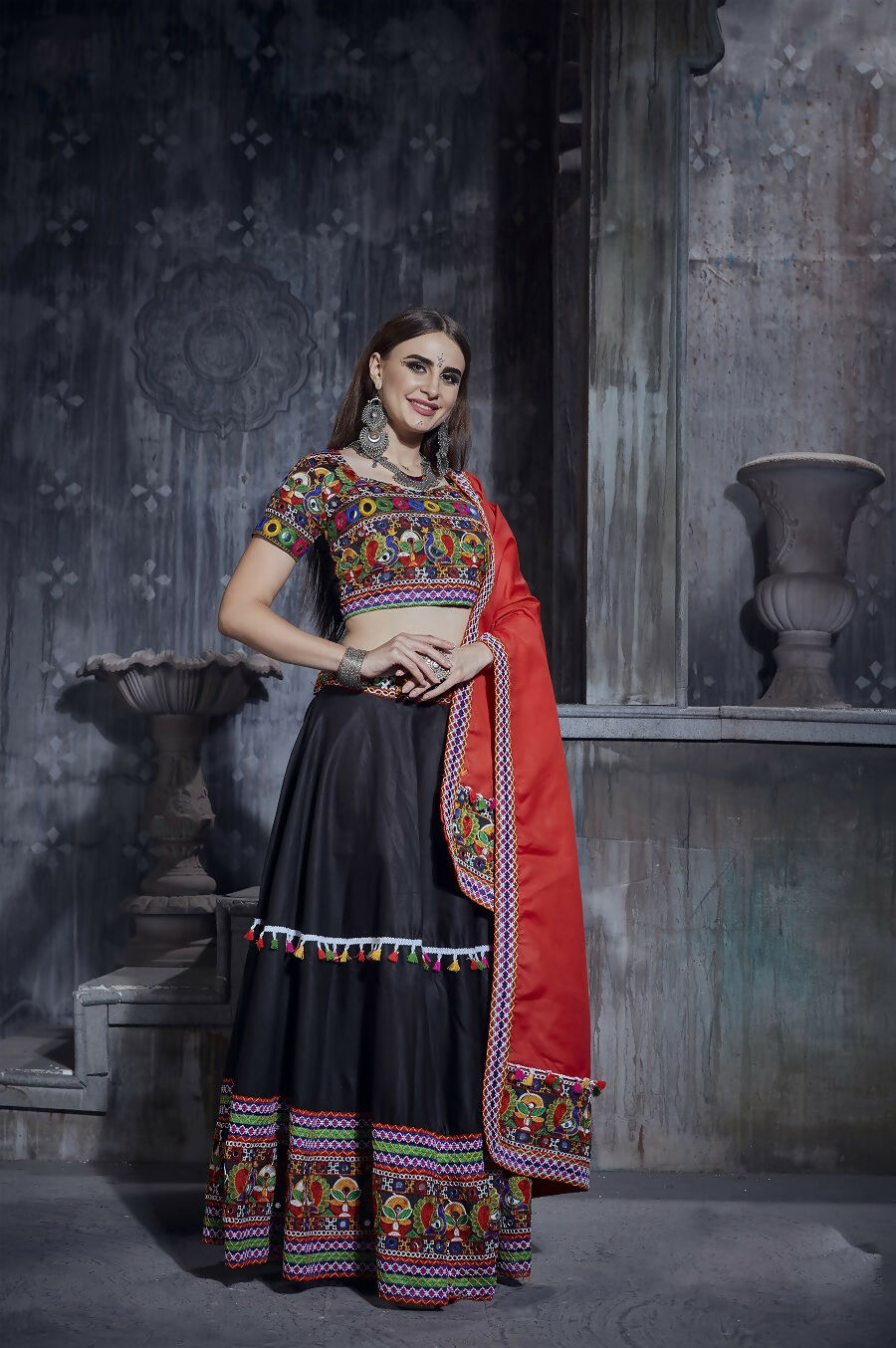 AI Fashion Black Art Silk Designer Navratri Lehenga Choli Collection | Grocsy