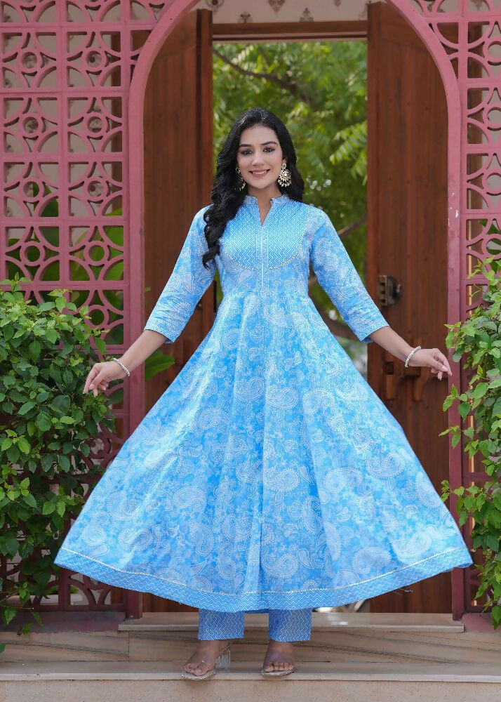 Jaimini Women Cotton Printed Mandarin Collar Neck Calf Length Flared Kurta Pant And Dupatta Set | Grocsy