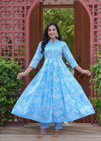 Jaimini Women Cotton Printed Mandarin Collar Neck Calf Length Flared Kurta Pant And Dupatta Set | Grocsy