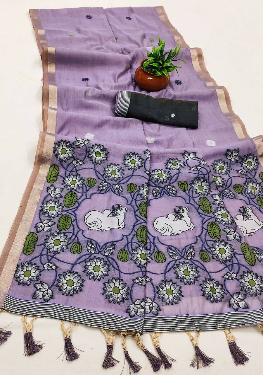 Vastranavya Lavender Muga Cotton Meenakari & Azarakh Pallu Saree with Contrast Blouse | Grocsy