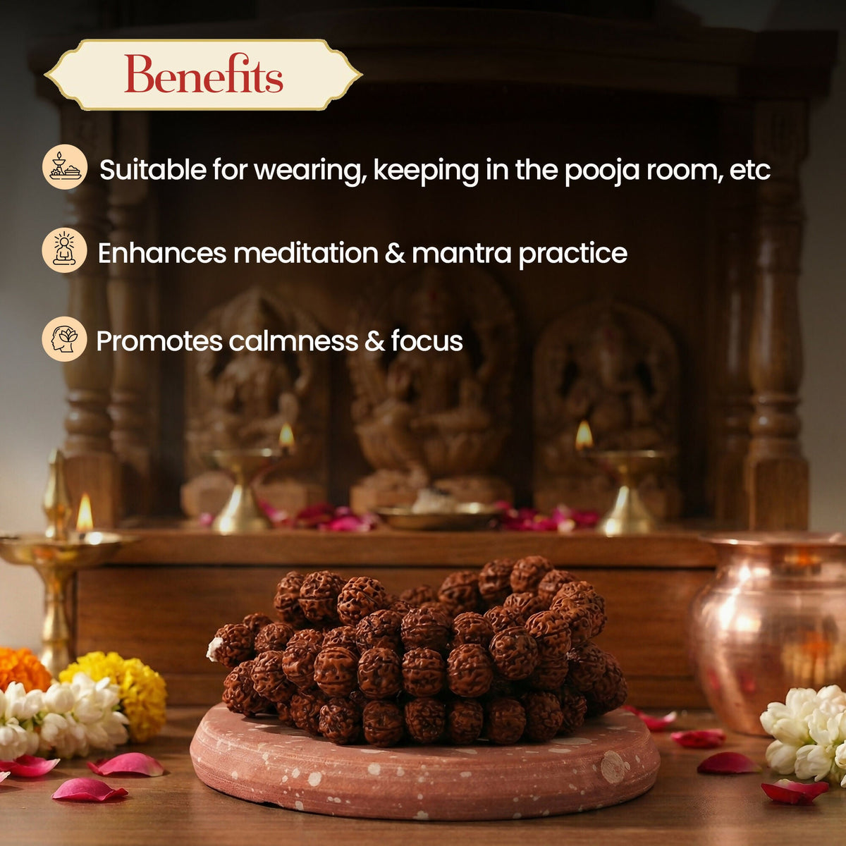 Pujashree Rudraksh Mala Medium 13mm – Divine Spiritual Beads for Puja, Yoga & Daily Meditation | Grocsy