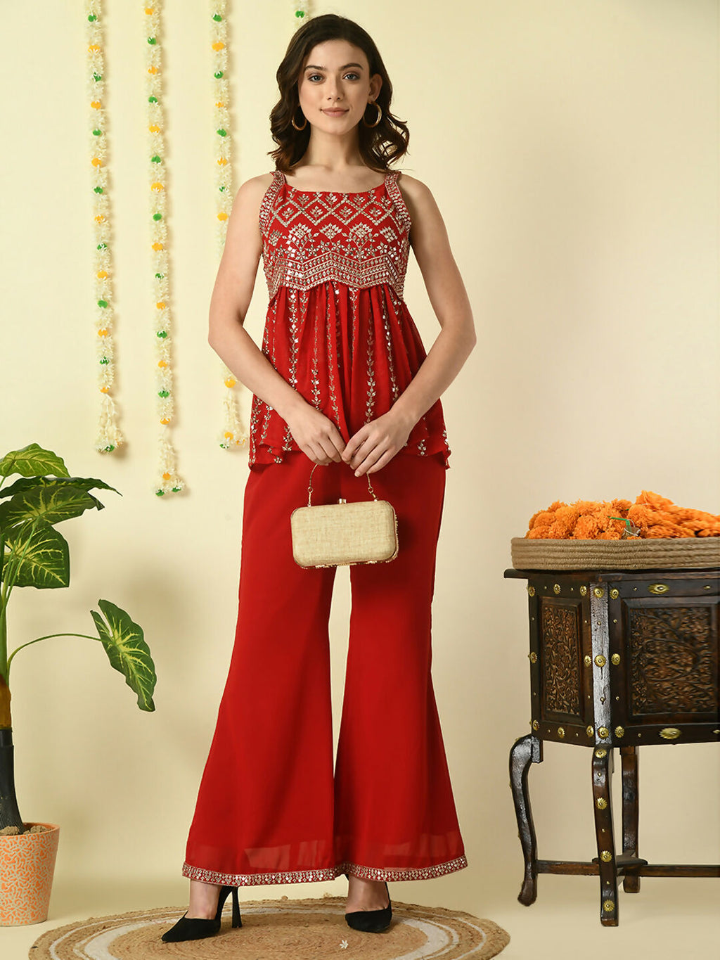 Myshka Women's Red Georgette Top With Palazzos Party Sets | Grocsy