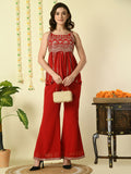 Myshka Women's Red Georgette Top With Palazzos Party Sets | Grocsy
