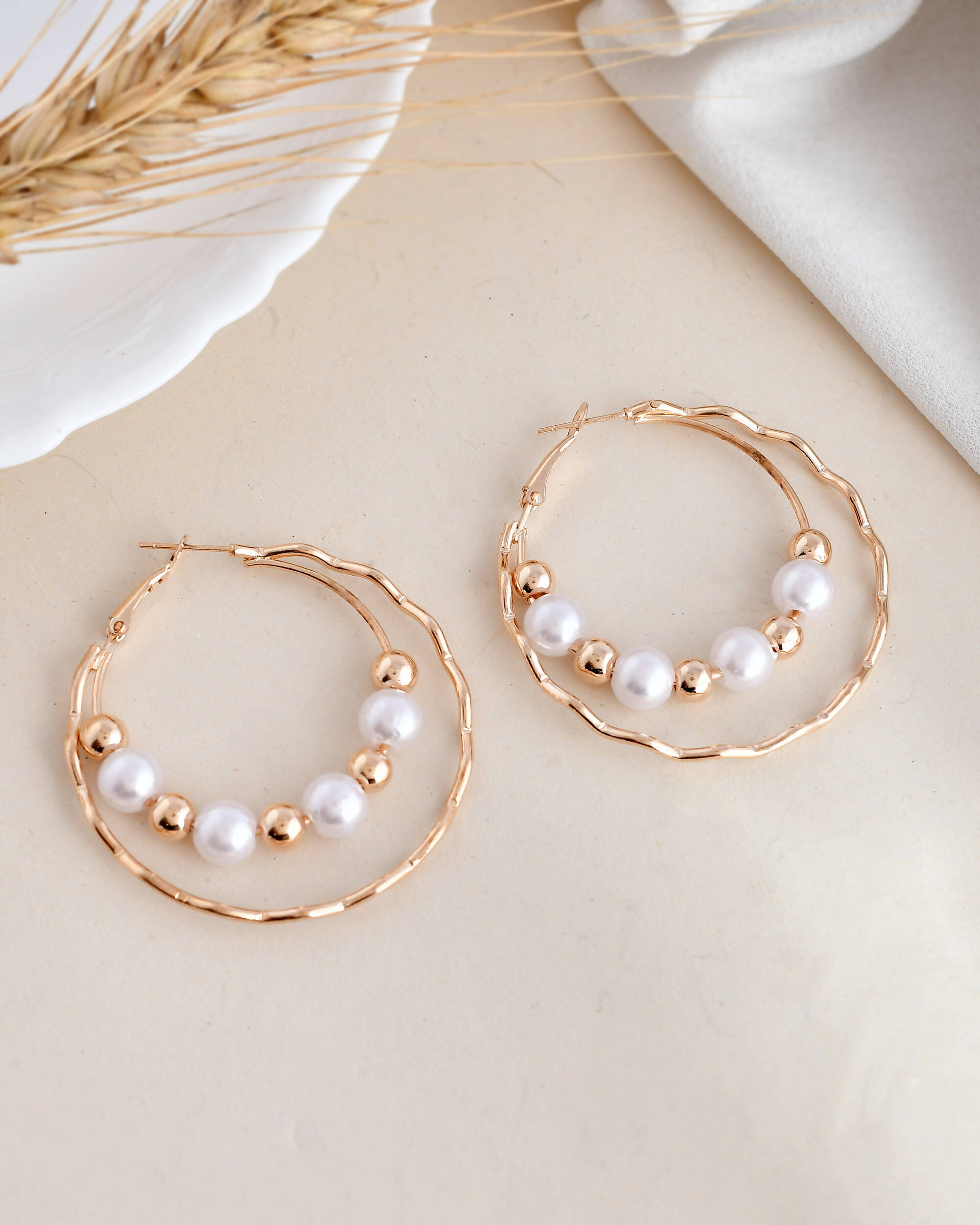 VOJ Women Gold-Polished Pearl Stainless Steel Hoop Earrings | Grocsy