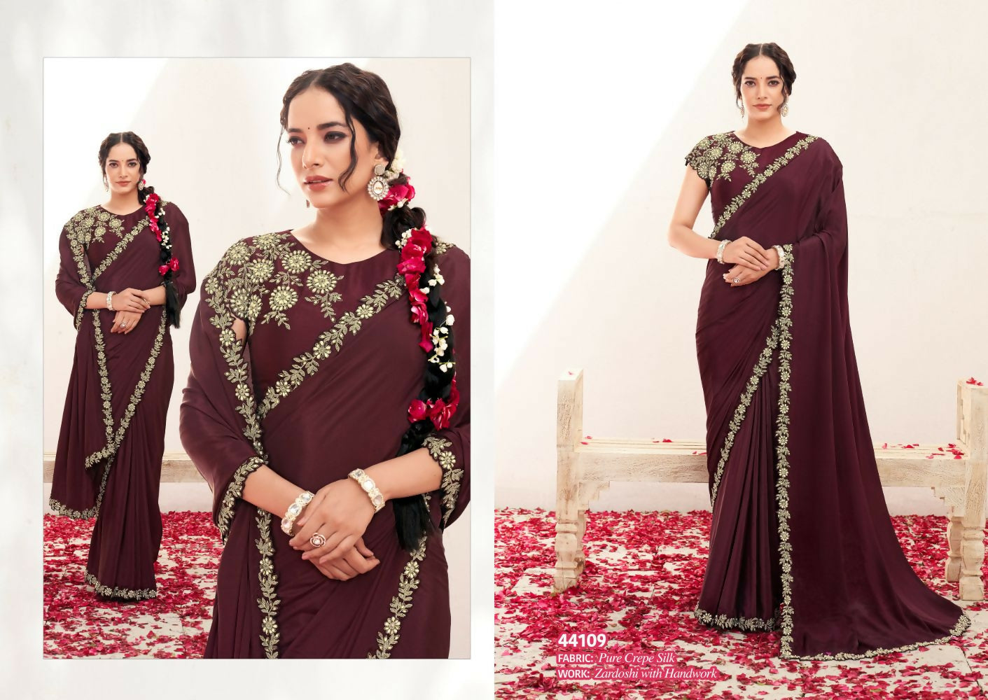 Wine Pure Crepe Silk Handwork Saree with Unstitched Blouse - Norita Varya | Grocsy