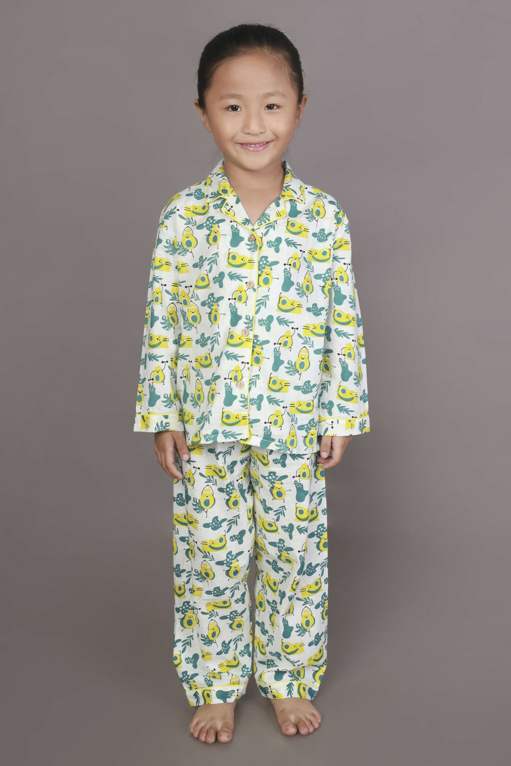 Breathables Kids Cotton Night Suit – White Avocado Print Shirt & Pyjama Co-Ord Set For Boys & Girls | Grocsy