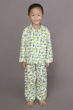 Breathables Kids Cotton Night Suit – White Avocado Print Shirt & Pyjama Co-Ord Set For Boys & Girls | Grocsy