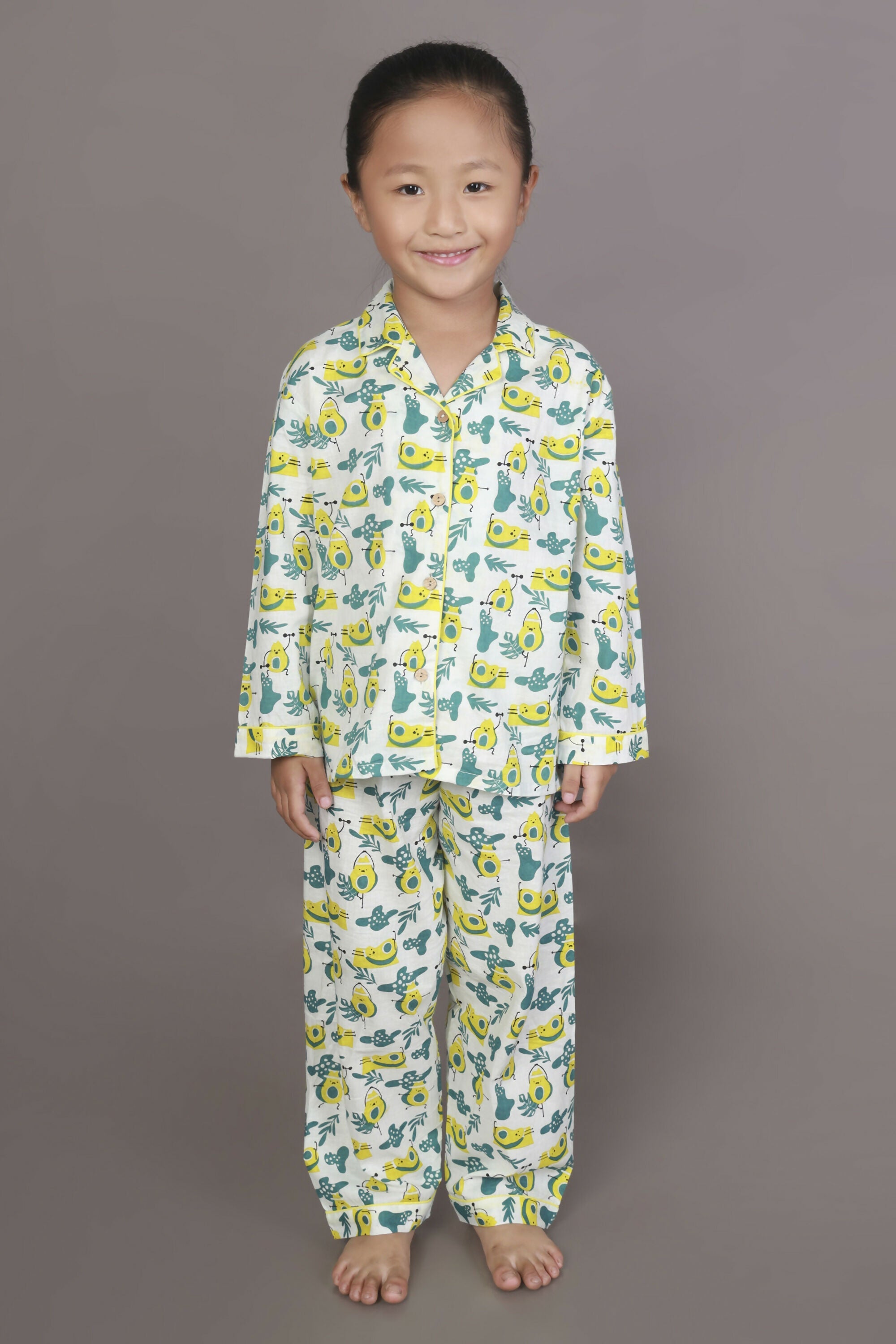 Breathables Kids Cotton Night Suit – White Avocado Print Shirt & Pyjama Co-Ord Set For Boys & Girls | Grocsy
