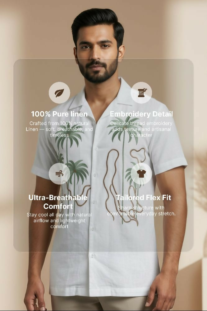 Tansira — White Palm Embroidered Linen Shirt by Hilo Design | Grocsy
