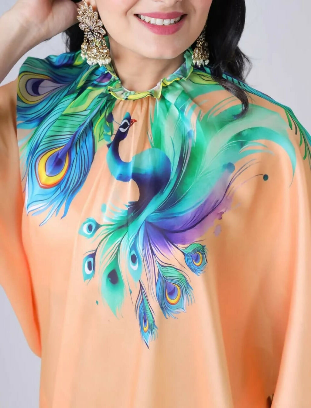 Vastranavya Peach Peacock Print Free Hand Ready to Wear Saree | Grocsy