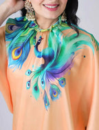 Vastranavya Peach Peacock Print Free Hand Ready to Wear Saree | Grocsy