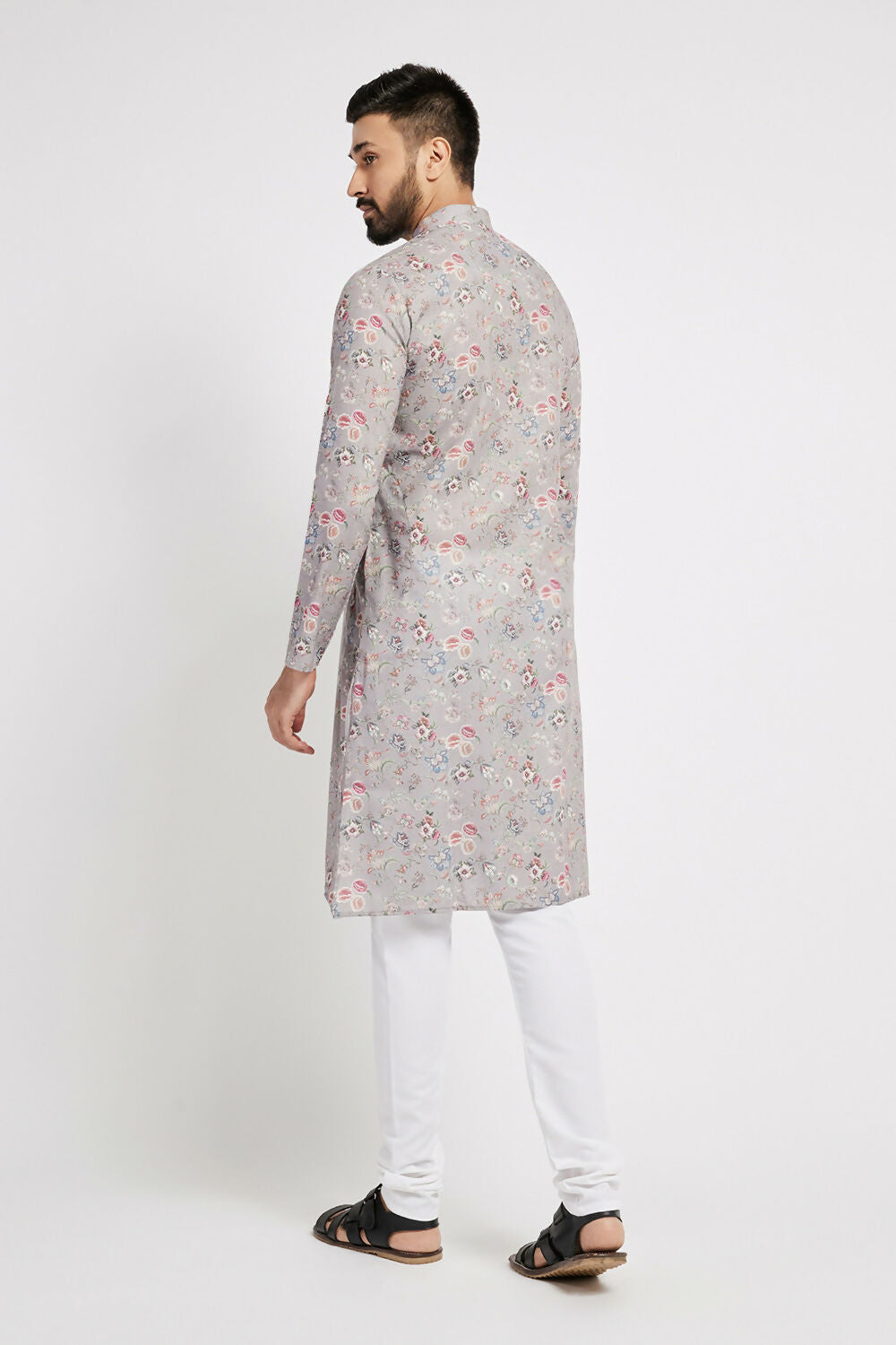 Ethnic India Grey Men's Kurta Floral Polyester | Grocsy