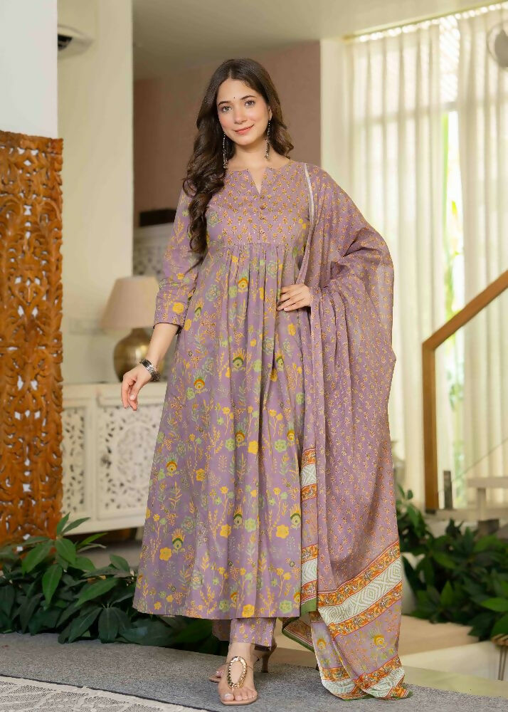 Jaimini Women Cotton Printed Round Neck 3/4 Sleeves Calf Length Flared Kurta Pant And Dupatta Set | Grocsy