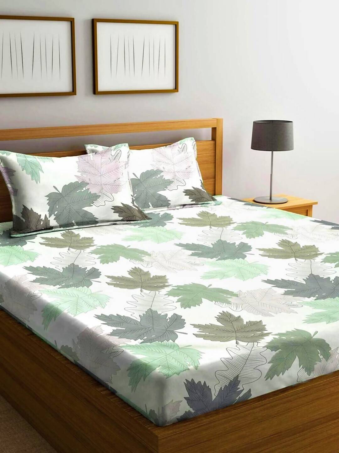 Home Sizzler White & Green Floral 210 TC Bedsheet with Pillow Covers | Grocsy