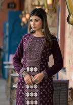 Juniper Women's Mauve Ethnic Motif Printed Polycotton Straight Round Neck Women Kurta | Grocsy