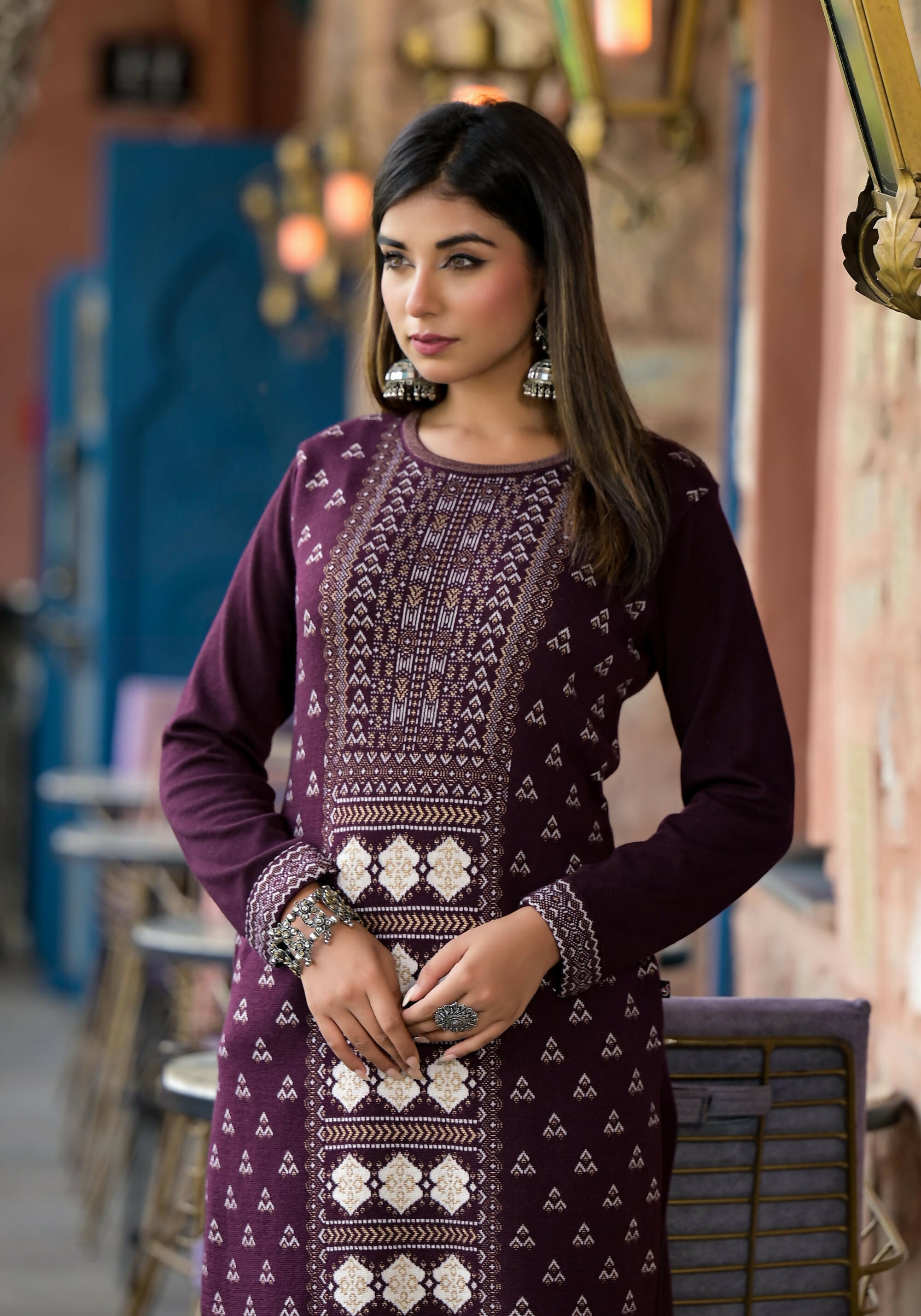 Juniper Women's Mauve Ethnic Motif Printed Polycotton Straight Round Neck Women Kurta | Grocsy