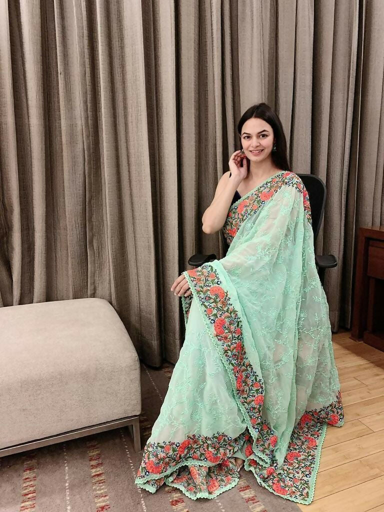 Vamsee Sandhya Sea Green Georgette Saree | Grocsy