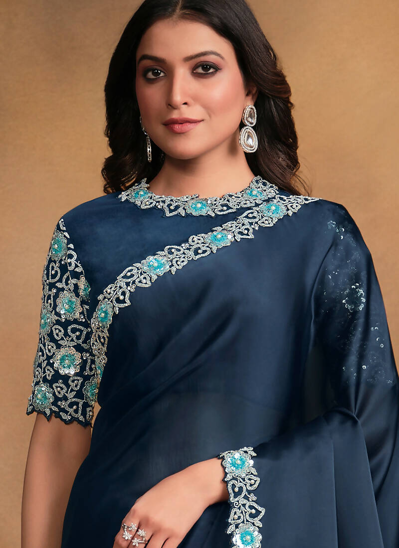 Navy Blue Satin Silk Georgette Designer Saree with Unstitched Blouse - Norita Mahitha | Grocsy