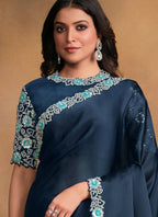 Navy Blue Satin Silk Georgette Designer Saree with Unstitched Blouse - Norita Mahitha | Grocsy