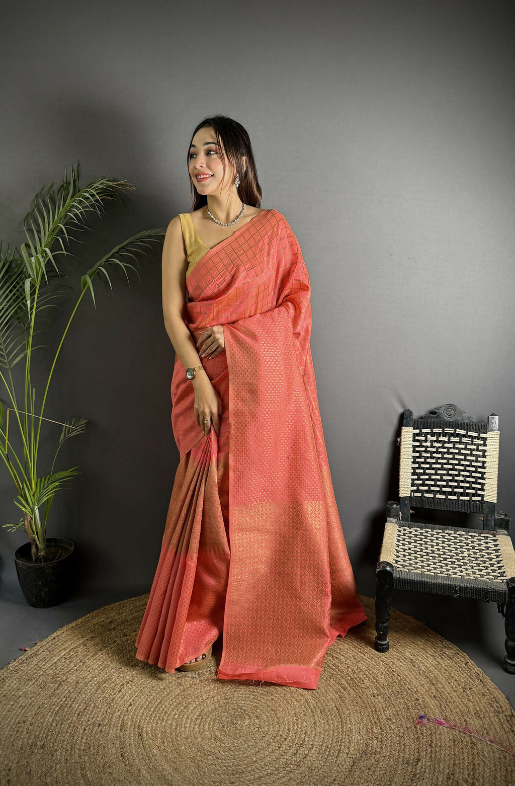 Joban Fashion Peach Banarasi Soft Lichi Silk Checks & Woven Saree | Grocsy