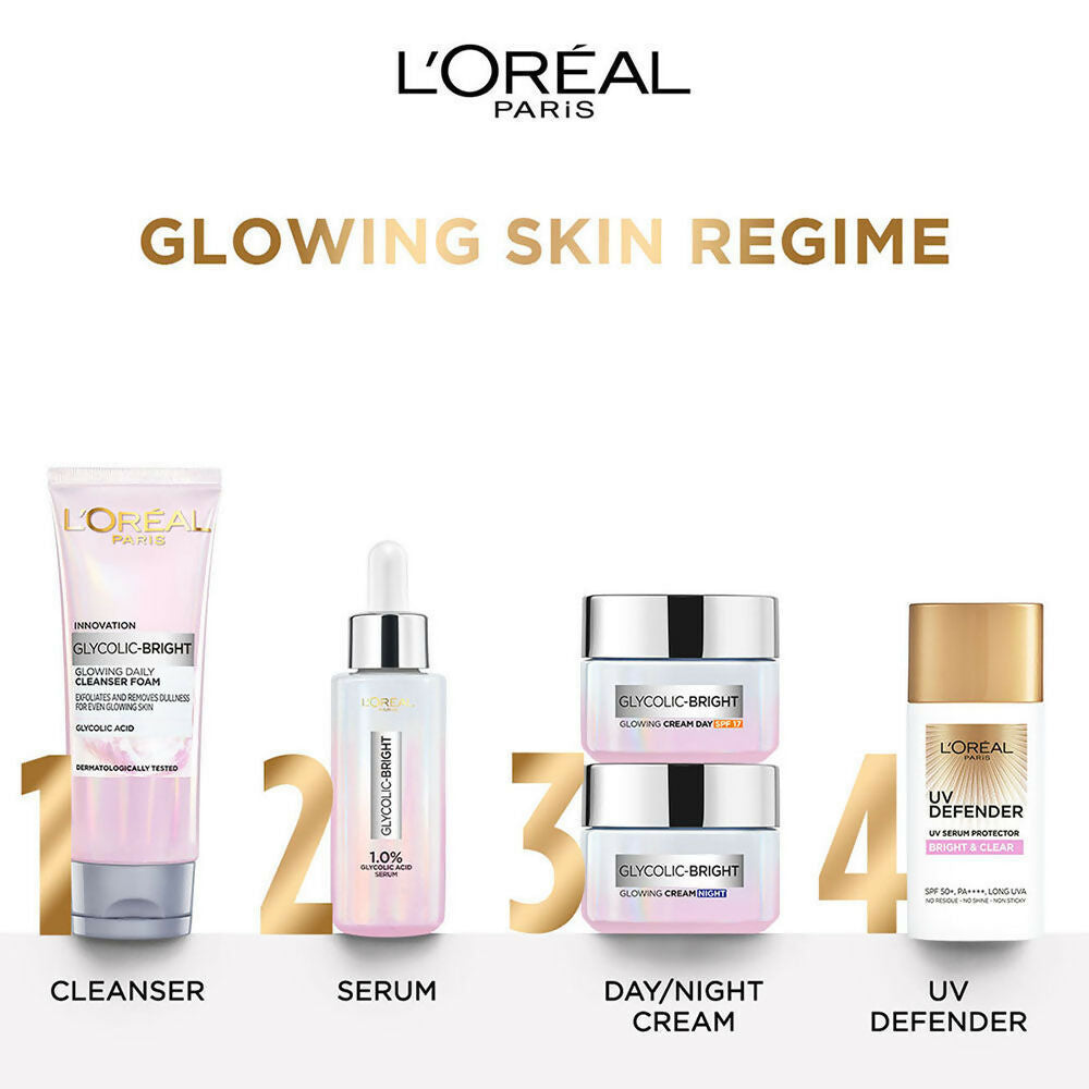 L'Oreal Paris Glycolic Acid Glowing And Protecting CSMS (Cleanser, Serum, Moisturizer, Sunscreen) Regime Kit | Grocsy