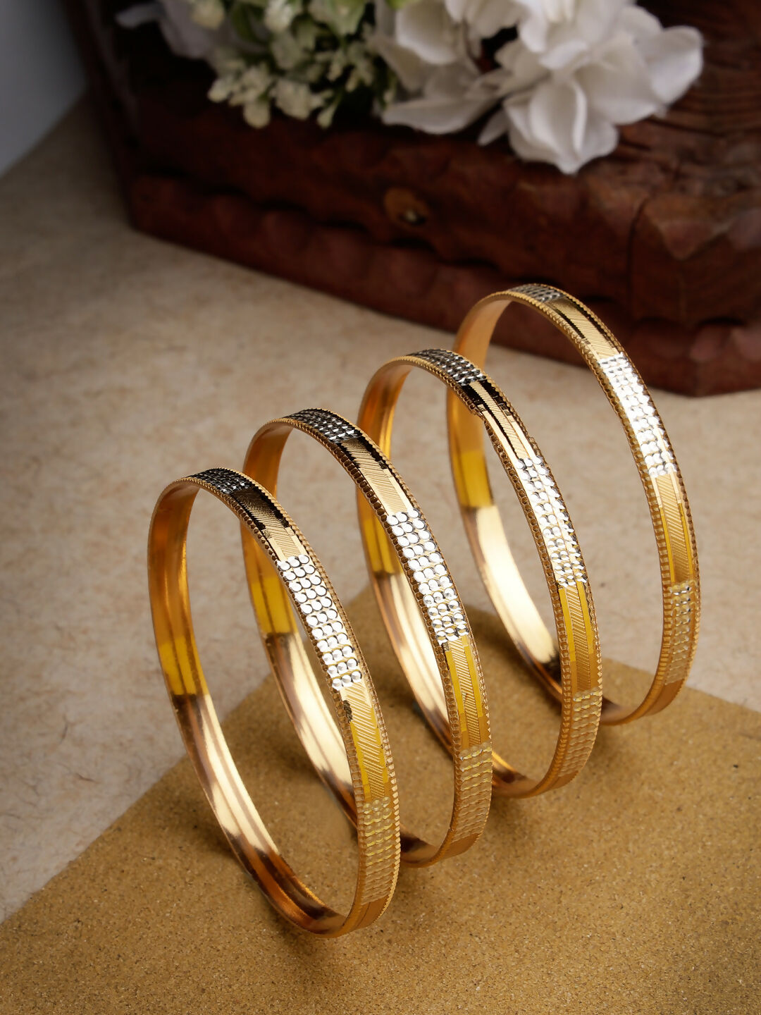 NVR Women's Set of 4 Gold-Polished CZ-Studded Traditional Bangles | Grocsy