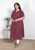 Miravan Women's Plus Size Relaxed Fit Red Floral Printed A-Line Pure Cotton Kurta | Grocsy