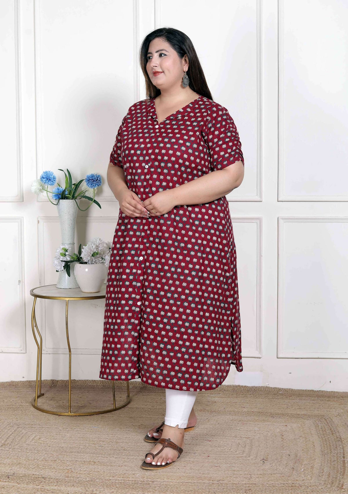 Miravan Women's Plus Size Relaxed Fit Red Floral Printed A-Line Pure Cotton Kurta | Grocsy