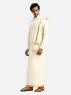 Ramraj Cotton 2 In 1 Set For Mens Readymade Cream Double Layer Pocket Dhoti With 3/4 Inch Golden Jari And Towel | Grocsy