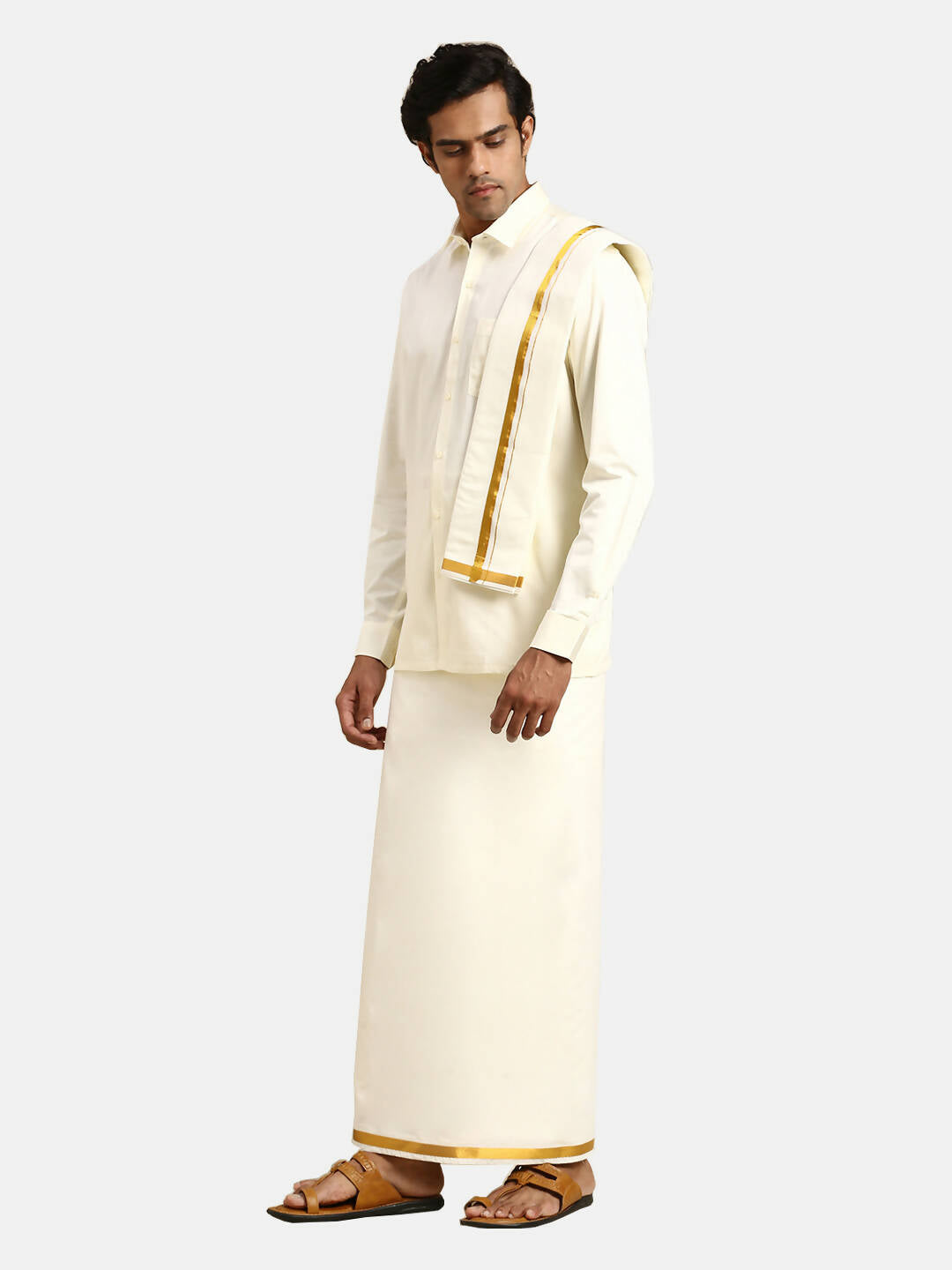 Ramraj Cotton 2 In 1 Set For Mens Readymade Cream Double Layer Pocket Dhoti With 3/4 Inch Golden Jari And Towel | Grocsy