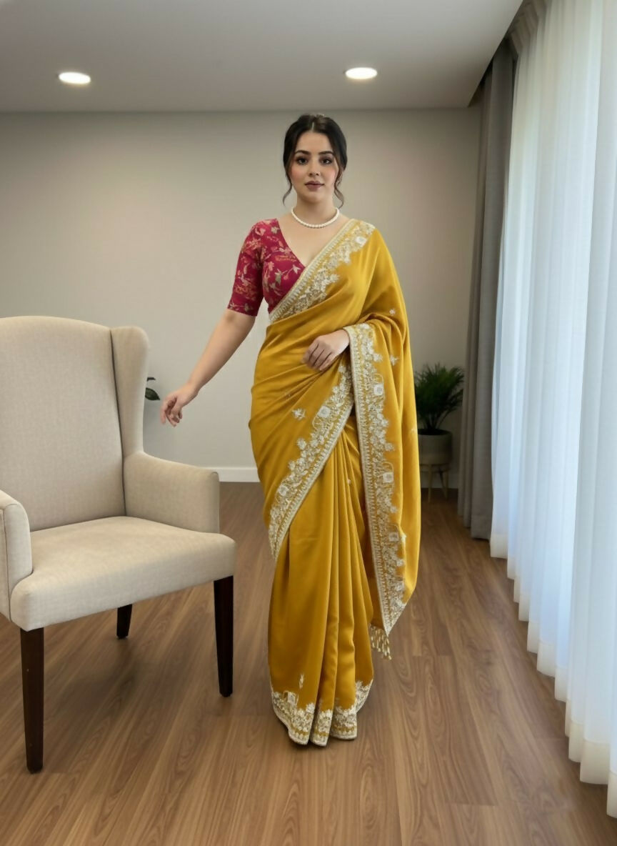 Teeya Creation New Trendy Party Wear Soft Satin Chiffon Saree-Yellow | Grocsy